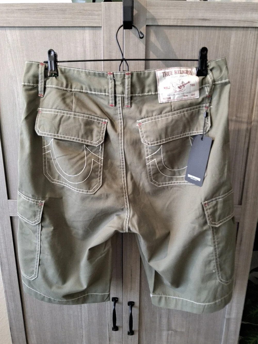 True Religion Olive Cargo Shorts with Contrast Stitching